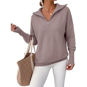 image:imageANRABESS Women Long Sleeve Quarter Zip Pullover Fall Sweater  Collared Lapel V Neck ShirtsSoft Ribbed Knit Top for LeggingsWork Business Casual OutfitsTravel Vacation ClothingPink Apricot