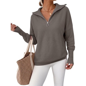 image:imageANRABESS Women Long Sleeve Quarter Zip Pullover Fall Sweater  Collared Lapel V Neck ShirtsSoft Ribbed Knit Top for LeggingsWork Business Casual OutfitsTravel Vacation ClothingGray Coffee