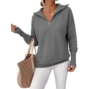 image:imageANRABESS Women Long Sleeve Quarter Zip Pullover Fall Sweater  Collared Lapel V Neck ShirtsSoft Ribbed Knit Top for LeggingsWork Business Casual OutfitsTravel Vacation ClothingDark Grey