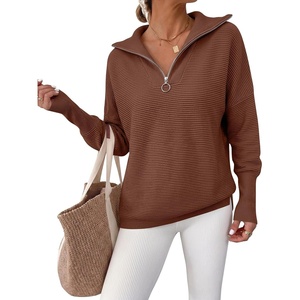 image:imageANRABESS Women Long Sleeve Quarter Zip Pullover Fall Sweater  Collared Lapel V Neck ShirtsSoft Ribbed Knit Top for LeggingsWork Business Casual OutfitsTravel Vacation ClothingBurnt Brown
