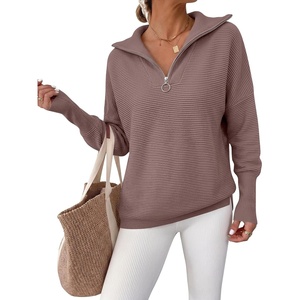 image:imageANRABESS Women Long Sleeve Quarter Zip Pullover Fall Sweater  Collared Lapel V Neck ShirtsSoft Ribbed Knit Top for LeggingsWork Business Casual OutfitsTravel Vacation ClothingNutmeg