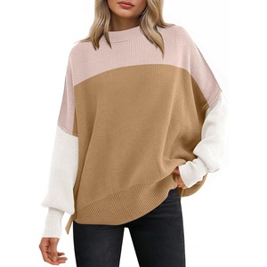 image:imageANRABESS Women Oversized Sweaters Batwing Long Sleeve 2026 Fall Outfits Crewneck Casual Knit Side Slit Fashion Pullover TopPink Block
