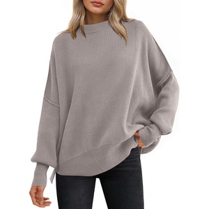 image:imageANRABESS Women Oversized Sweaters Batwing Long Sleeve 2026 Fall Outfits Crewneck Casual Knit Side Slit Fashion Pullover TopTaupe