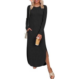 image:imageANRABESS Womens Long Sleeve Maxi Fall Knit Sweater Dress  Soft Stretchy Ribbed Fabric Crew Neck Side Slit Hem Cozy Winter Outfit Daily Wear Comfy Regular Fit Side PocketsBlack