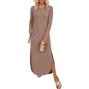 image:imageANRABESS Womens Long Sleeve Maxi Fall Knit Sweater Dress  Soft Stretchy Ribbed Fabric Crew Neck Side Slit Hem Cozy Winter Outfit Daily Wear Comfy Regular Fit Side PocketsKhaki