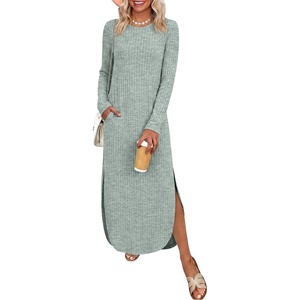 image:imageANRABESS Womens Long Sleeve Maxi Fall Knit Sweater Dress  Soft Stretchy Ribbed Fabric Crew Neck Side Slit Hem Cozy Winter Outfit Daily Wear Comfy Regular Fit Side PocketsLight Green