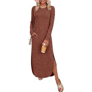 image:imageANRABESS Womens Long Sleeve Maxi Fall Knit Sweater Dress  Soft Stretchy Ribbed Fabric Crew Neck Side Slit Hem Cozy Winter Outfit Daily Wear Comfy Regular Fit Side PocketsRust Orange