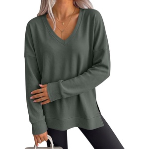 image:imageANRABESS Womens Long Sleeve Shirts Waffle Knit Tunic Top  V Neck Loose Fit Side Slit 2026 Fall Lightweight Sweater Tops for Daily Casual WearArmy Green