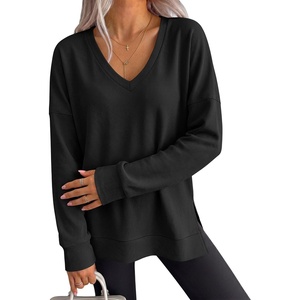 image:imageANRABESS Womens Long Sleeve Shirts Waffle Knit Tunic Top  V Neck Loose Fit Side Slit 2026 Fall Lightweight Sweater Tops for Daily Casual WearBlack
