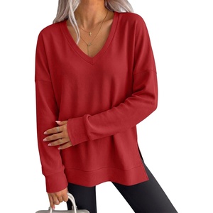 image:imageANRABESS Womens Long Sleeve Shirts Waffle Knit Tunic Top  V Neck Loose Fit Side Slit 2026 Fall Lightweight Sweater Tops for Daily Casual WearBright Red