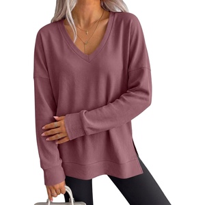 image:imageANRABESS Womens Long Sleeve Shirts Waffle Knit Tunic Top  V Neck Loose Fit Side Slit 2026 Fall Lightweight Sweater Tops for Daily Casual WearMauve