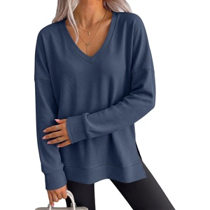 image:imageANRABESS Womens Long Sleeve Shirts Waffle Knit Tunic Top  V Neck Loose Fit Side Slit 2026 Fall Lightweight Sweater Tops for Daily Casual WearNavy Blue
