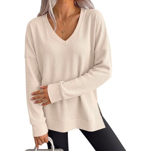 image:imageANRABESS Womens Long Sleeve Shirts Waffle Knit Tunic Top  V Neck Loose Fit Side Slit 2026 Fall Lightweight Sweater Tops for Daily Casual WearParchment