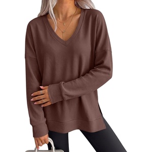 image:imageANRABESS Womens Long Sleeve Shirts Waffle Knit Tunic Top  V Neck Loose Fit Side Slit 2026 Fall Lightweight Sweater Tops for Daily Casual WearRed Brown