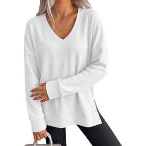 image:imageANRABESS Womens Long Sleeve Shirts Waffle Knit Tunic Top  V Neck Loose Fit Side Slit 2026 Fall Lightweight Sweater Tops for Daily Casual WearWhite
