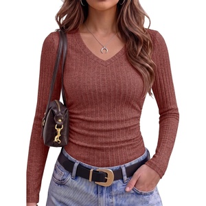 image:imageANRABESS Long Sleeve Shirts for Women Ribbed Sweater Top  Knitted Lightweight Slim Fitted V Neck TShirts Casual 2026 Fall Outfits Going Out Tops Winter Layer ClothingRust Orange
