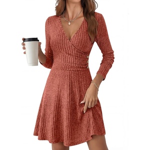image:imageANRABESS Women Long Sleeve V Neck Sweater Short Dresses  Soft Ribbed Knit Button Side ALine Flowy Mini Dress Casual Daily Work Vacation Outfits Spring Fall Winter ClothesBurnt Orange
