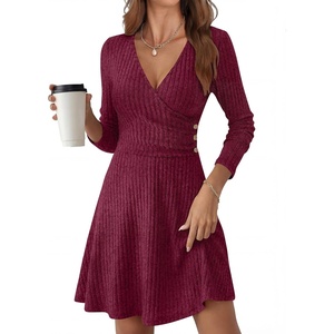 image:imageANRABESS Women Long Sleeve V Neck Sweater Short Dresses  Soft Ribbed Knit Button Side ALine Flowy Mini Dress Casual Daily Work Vacation Outfits Spring Fall Winter ClothesBurgundy