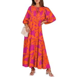 image:imageANRABESS Womens Boho Floral 34 Puff Sleeve Maxi Dress  Tiered Flowy Loose Fit Comfy Soft Rayon Fabric Wedding Guest Church Beach Modest Elegant Spring Summer Fall OutfitsOrange Rose Floral