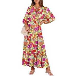 image:imageANRABESS Womens Boho Floral 34 Puff Sleeve Maxi Dress  Tiered Flowy Loose Fit Comfy Soft Rayon Fabric Wedding Guest Church Beach Modest Elegant Spring Summer Fall OutfitsPurple Orange Floral