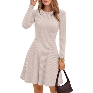 image:imageANRABESS Womens Long Sleeve Fall Dresses Mini Sweater Dress  Ribbed Knit Soft Stretch Regular Fit Flared A Line Short Swing Design Work Office Casual Spring Winter OutfitsLight Khaki
