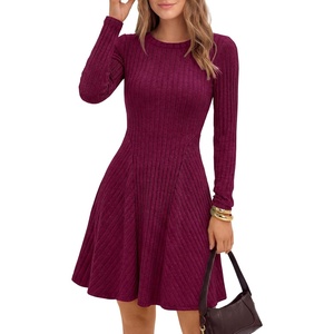 image:imageANRABESS Womens Long Sleeve Fall Dresses Mini Sweater Dress  Ribbed Knit Soft Stretch Regular Fit Flared A Line Short Swing Design Work Office Casual Spring Winter OutfitsBurgundy