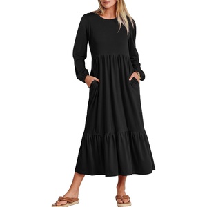 image:imageANRABESS Womens Long Sleeve Fall Flowy Maxi Dresses  Crewneck Soft Tiered Midi Dress Loose Fit ALine Hem with Pockets Casual Travel amp Work Outfit Spring Fall ClothingBlack