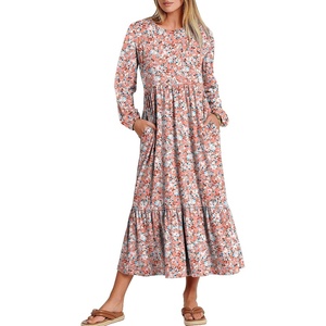 image:imageANRABESS Womens Long Sleeve Fall Flowy Maxi Dresses  Crewneck Soft Tiered Midi Dress Loose Fit ALine Hem with Pockets Casual Travel amp Work Outfit Spring Fall ClothingFloral Pink
