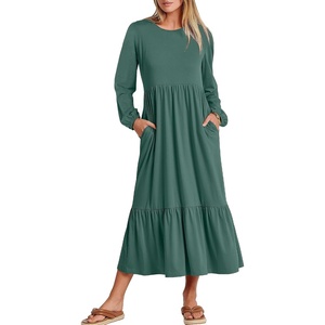 image:imageANRABESS Womens Long Sleeve Fall Flowy Maxi Dresses  Crewneck Soft Tiered Midi Dress Loose Fit ALine Hem with Pockets Casual Travel amp Work Outfit Spring Fall ClothingGrass Green