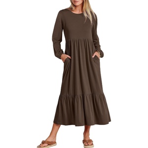 image:imageANRABESS Womens Long Sleeve Fall Flowy Maxi Dresses  Crewneck Soft Tiered Midi Dress Loose Fit ALine Hem with Pockets Casual Travel amp Work Outfit Spring Fall ClothingCoffee