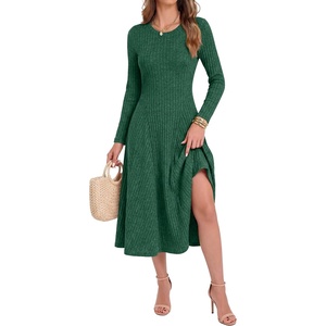 image:imageANRABESS Womens Long Sleeve Ribbed Knit Fall Midi Dresses  Crewneck Flared Swing Flowy A Line Sweater Dress Soft Comfy Fitted Stretchy Casual Winter Work Date Night Everyday WearDeep Green
