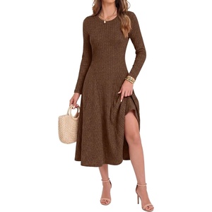 image:imageANRABESS Womens Long Sleeve Ribbed Knit Fall Midi Dresses  Crewneck Flared Swing Flowy A Line Sweater Dress Soft Comfy Fitted Stretchy Casual Winter Work Date Night Everyday WearBrown