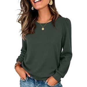 image:imageANRABESS Womens Long Sleeve Waffle Knit Shirts Fall Loose Fit Tunic Tops  Basics Casual Blouses Crew Neck Curved Hem Soft Comfy breathable Trendy Winter Outfits Layering PieceArmy Green