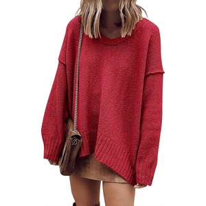 image:imageANRABESS Womens Oversized Scoop V Neck Batwing Sleeve Sweater  Off Shoulder Long Sleeve Pullover SweaterLoose Slouchy FitChunky Knit Soft Warm Fall OutfitsWinter ClothingRed