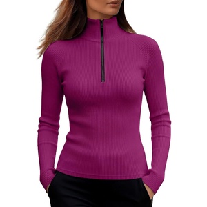 image:imageANRABESS Long Sleeve Shirts for Women Quarter Zip Ribbed Top  Slim Fitted Knit Turtleneck Tops Comfy Lightweight Basic Tees Casual Work amp Daily Going Out Fall Winter Layering TShirtHot Pink