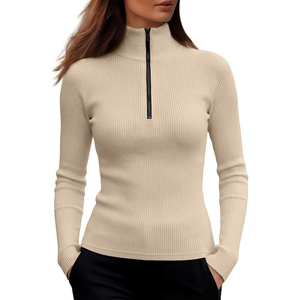 image:imageANRABESS Long Sleeve Shirts for Women Quarter Zip Ribbed Top  Slim Fitted Knit Turtleneck Tops Comfy Lightweight Basic Tees Casual Work amp Daily Going Out Fall Winter Layering TShirtBeige
